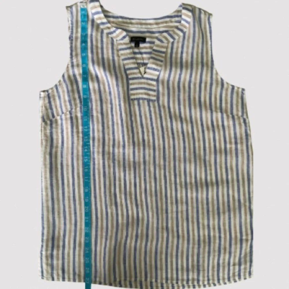 Talbots Sleeveless Linen Lace-up V-neck Top Blue, White & Tan Striped Size M NWT - Picture 6 of 10